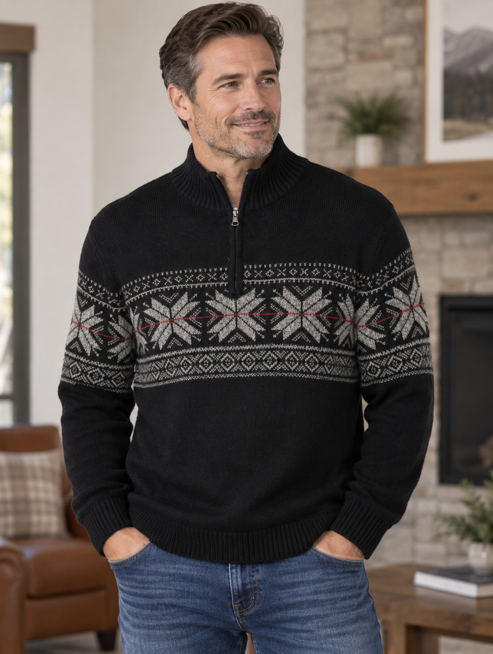 Alan Flusser Men’s XL 100% Cotton Fair Isle Quarter Zip Pullover Sweater Black
